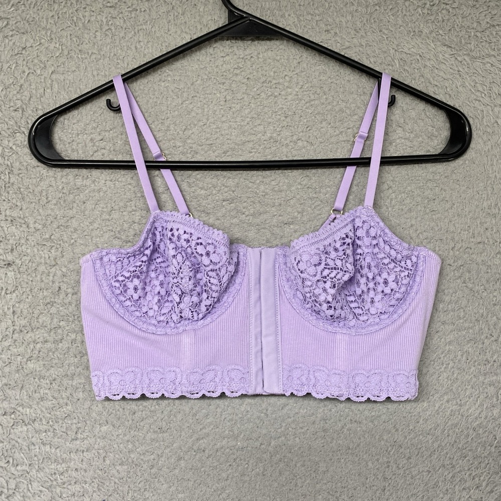 Aerie Real Good Bralette Womens 34B Show Off Lavender Lace Front Closure Ribbed